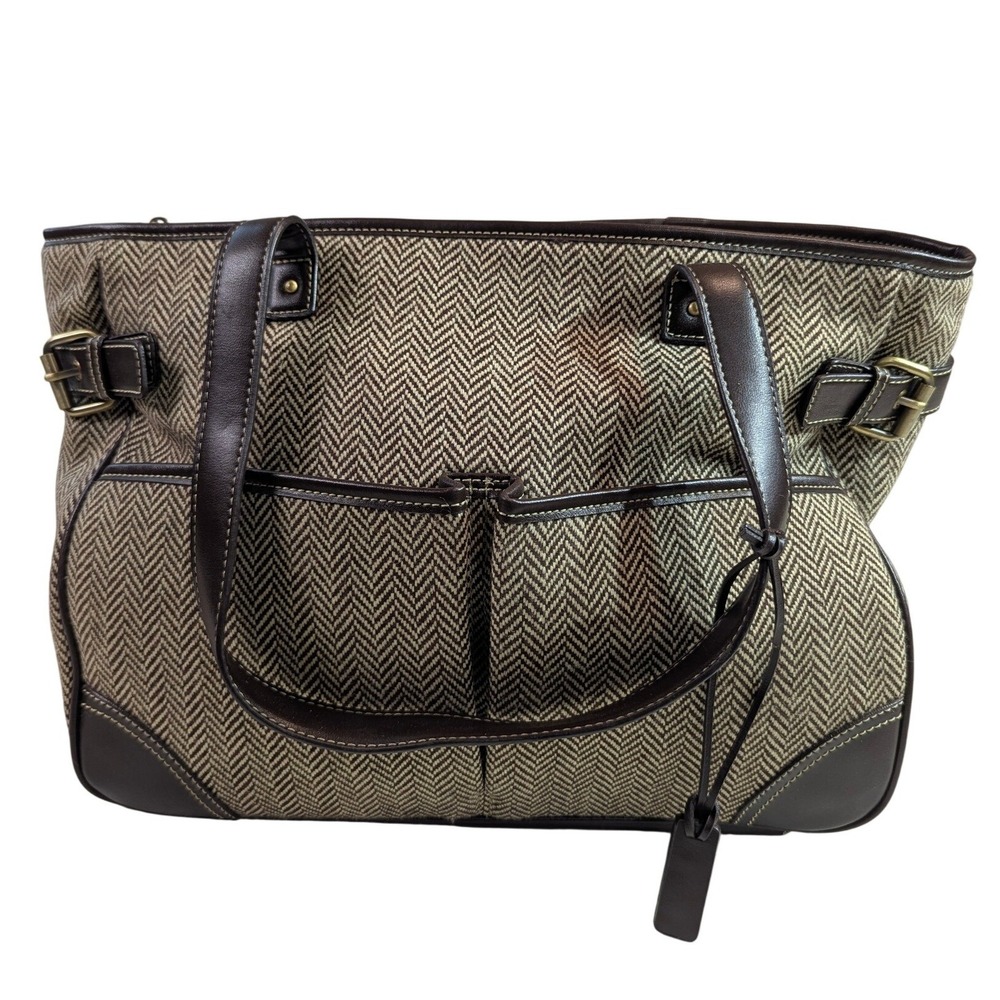 Chaps Herringbone Tote Bag‎ Brown Leather Trim Shoulder Bag